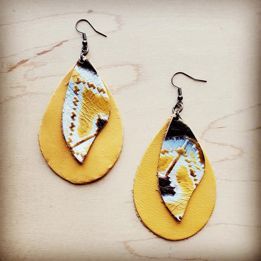 Leather Teardrop Mustard Earring w/ Navajo Accent