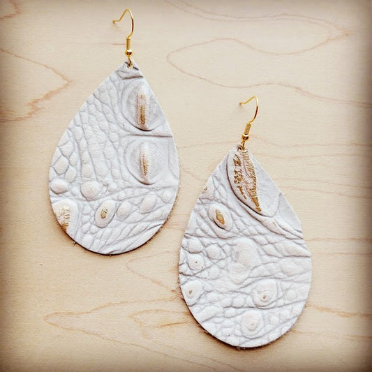 Leather Teardrop Earring-White and Gold Gator