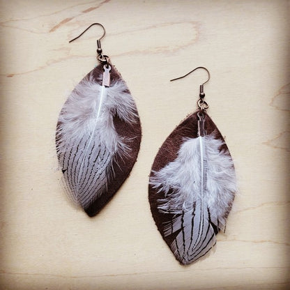 Western Leather Oval Earrings Brown Stripe Feather