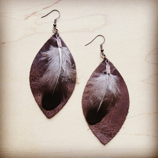 Western Leather Oval Earrings Black Feather