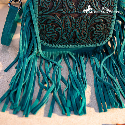 Montana West Genuine Leather Tooled Fringe Crossbody