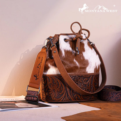 Montana West Cowhide Tooled Bucket Shoulder/Crossbody Bag