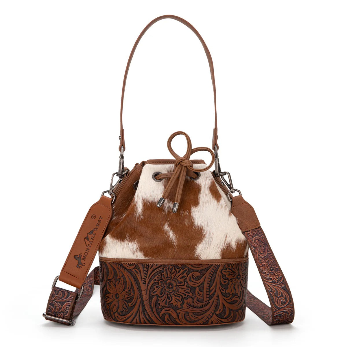 Montana West Cowhide Tooled Bucket Shoulder/Crossbody Bag