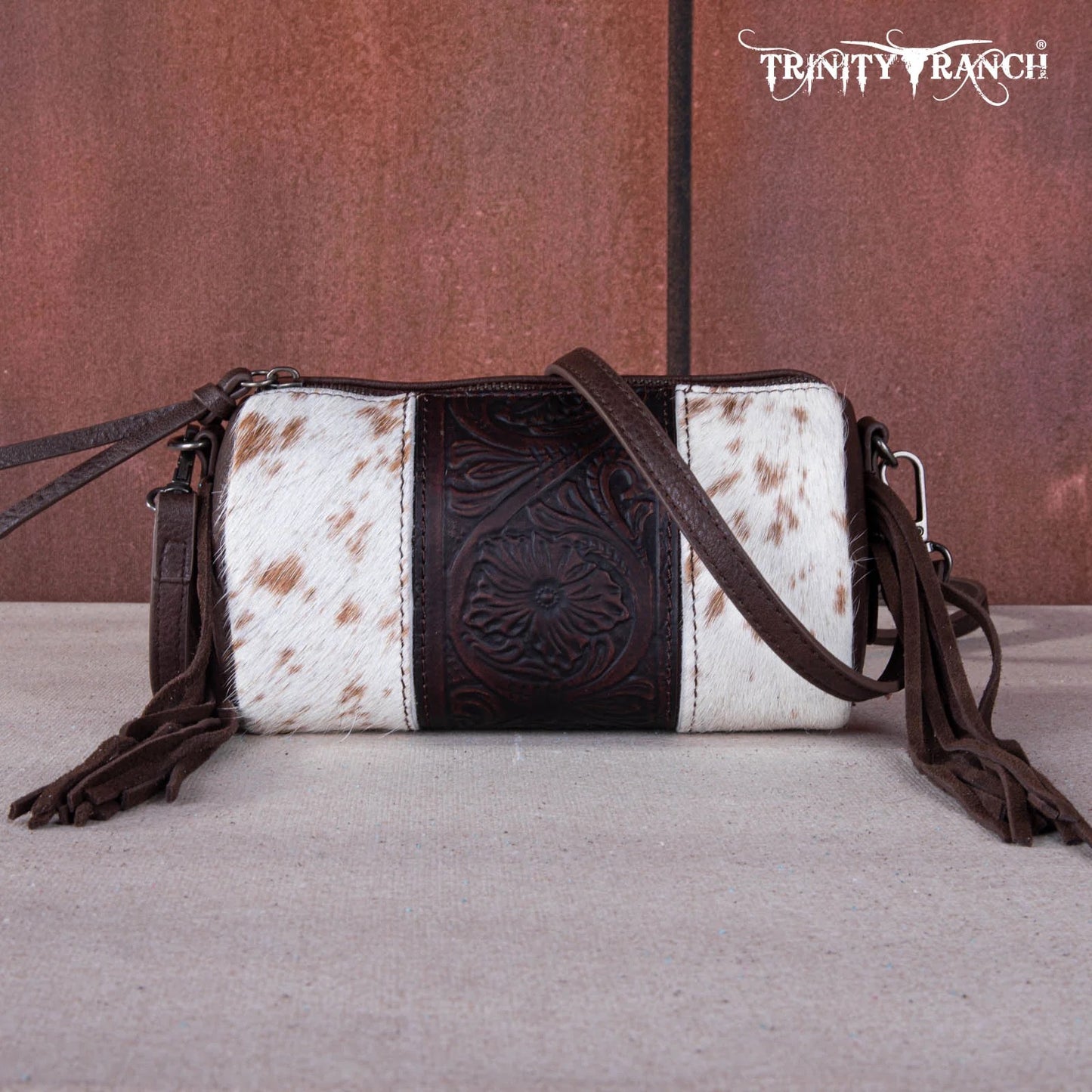 Trinity Ranch Genuine Hair-On Cowhide /Tooled Fringe Collection Barrel Crossbody