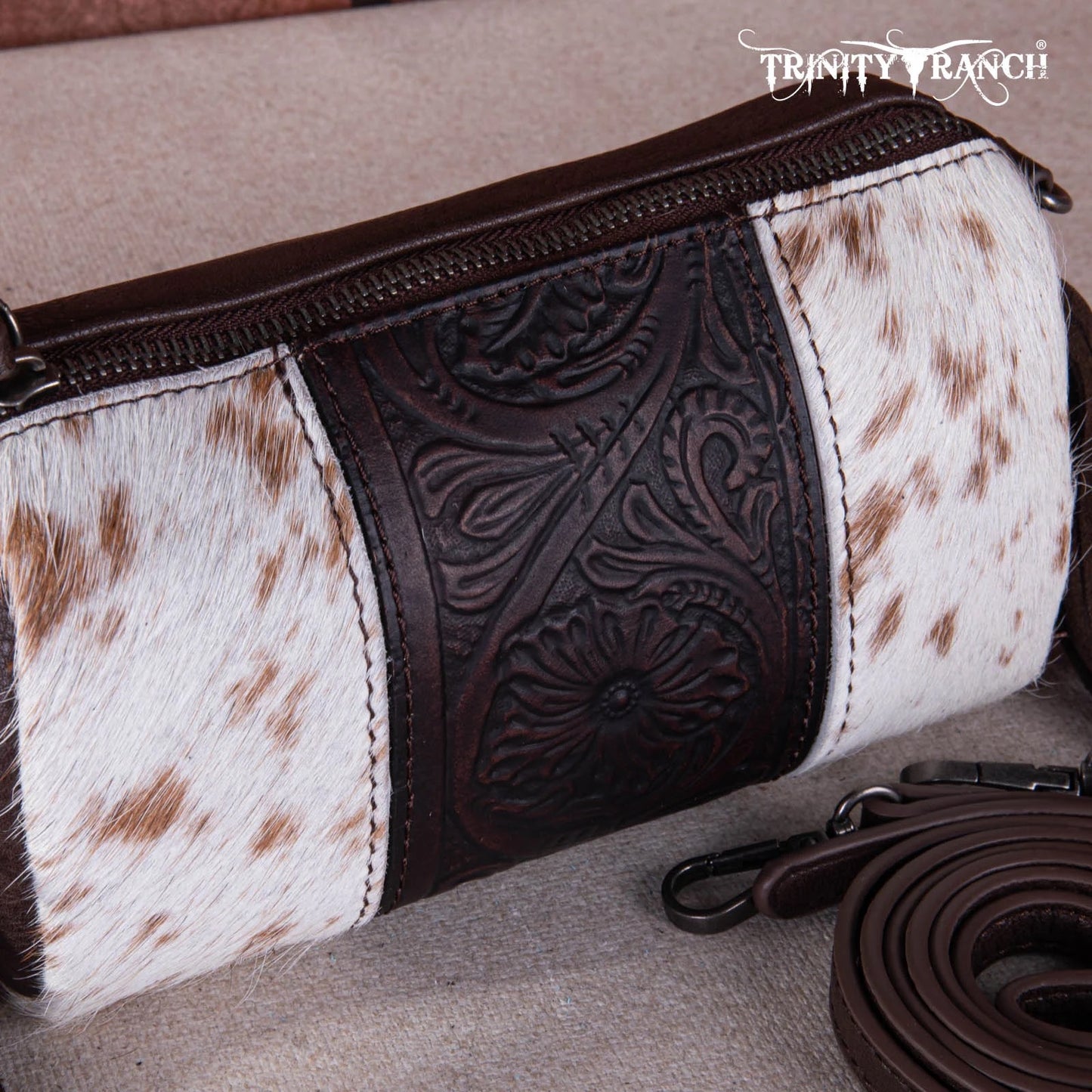 Trinity Ranch Genuine Hair-On Cowhide /Tooled Fringe Collection Barrel Crossbody