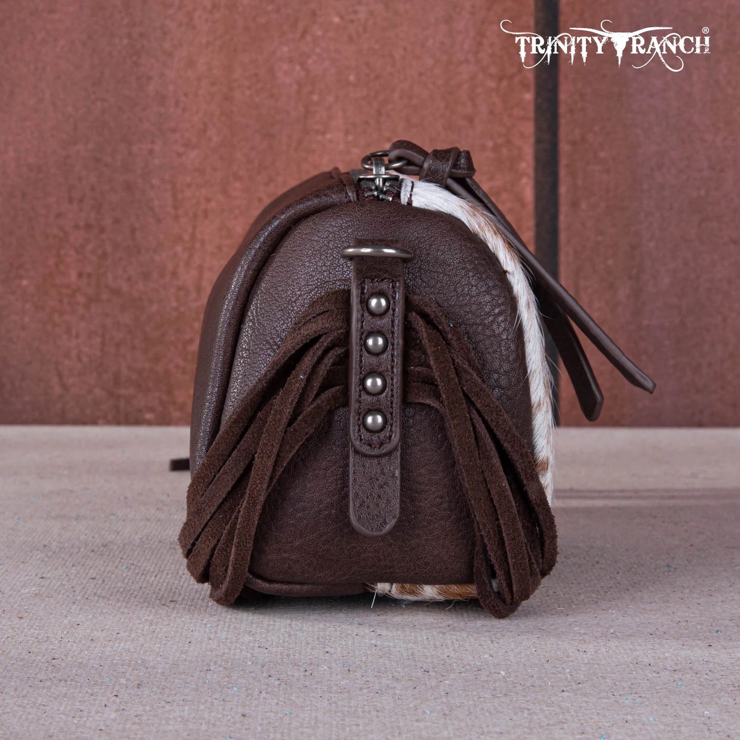 Trinity Ranch Genuine Hair-On Cowhide /Tooled Fringe Collection Barrel Crossbody